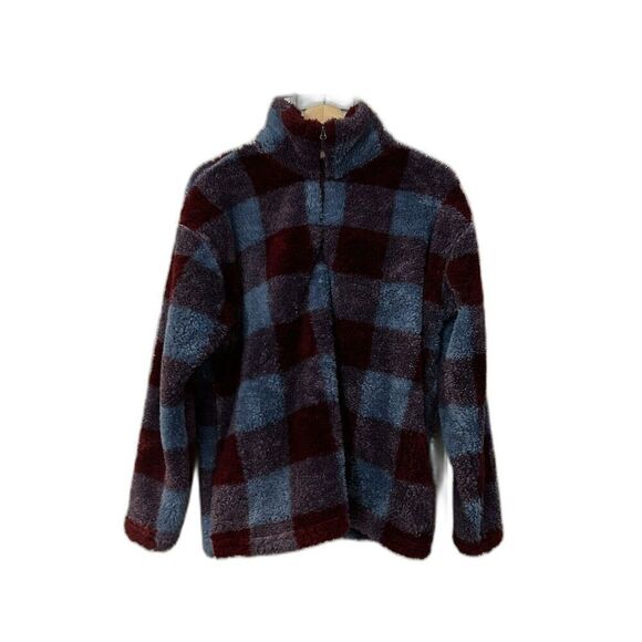 Eddie Bauer Women's Fleece Faux Fur Plaid Quarter Zip pullover size XL Cozy - Picture 1 of 16